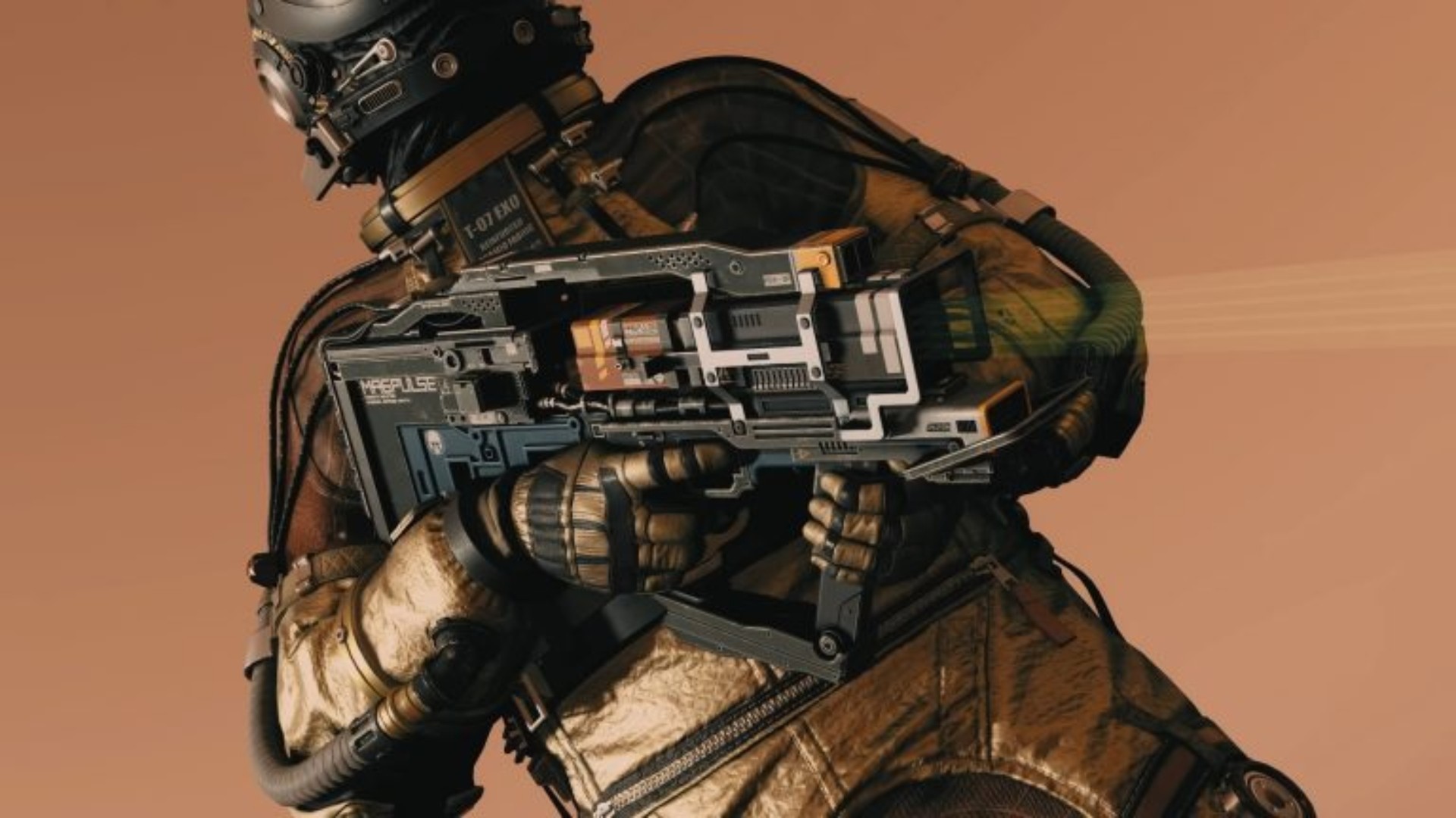 Pistolet à impulsion magnétique Starfield : un soldat vise une arme lourde dans le jeu RPG Bethesda Starfield