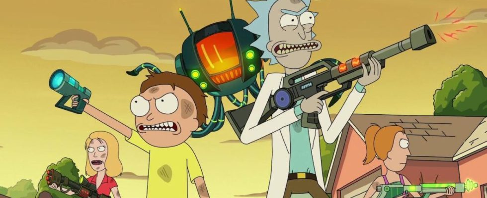 Rick and Morty and their family members battling aliens