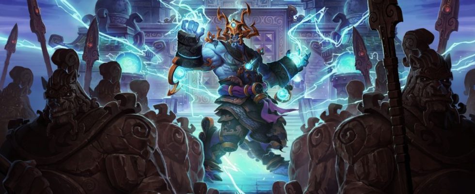 A blue man throws lightning bolts around in World of Warcraft artwork.