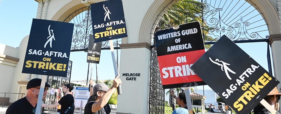 SAG-AFTRA and WGA Members and Supporters walks the picket line in support of the SAG-AFTRA and WGA strike at the Paramount Pictures Studio on July 14, 2023 in Los Angeles, California.
