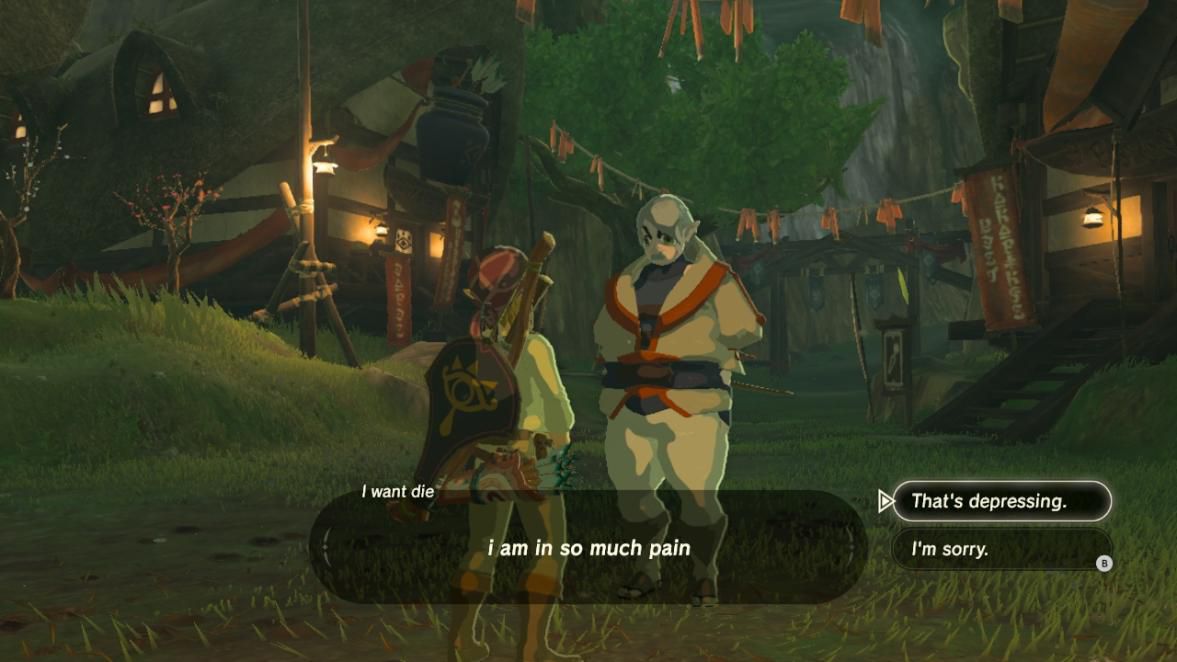 Une capture d'écran de Zelda: Breath of the Wild montre Link parler à un personnage nommé 