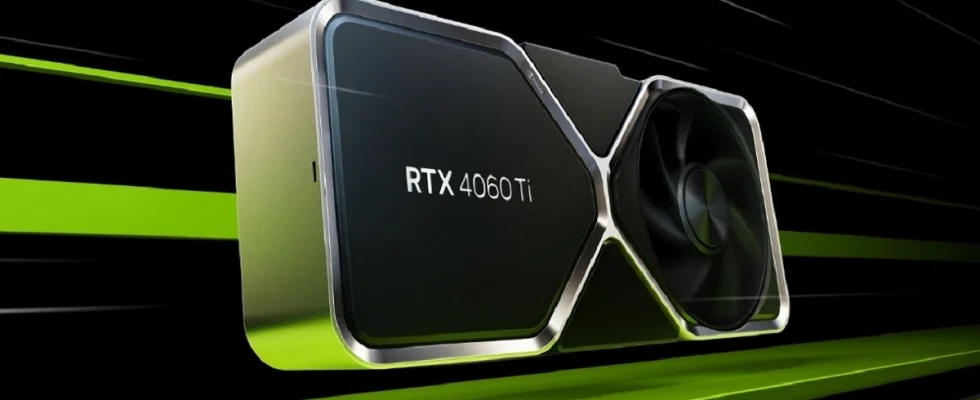 An Nvidia RTX 4060 Ti graphics card on a black and green background.