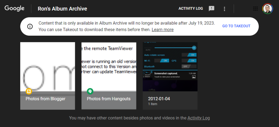 Les archives d'albums.  Les images de Blogger ne vont nulle part, mais les photos de Hangouts sont supprimées.  Je n'ai aucune idée d'où vient cet album de 2012. 