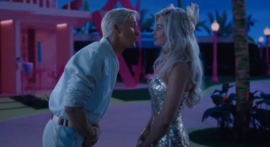 Ryan Gosling leaning in to kiss Margot Robbie as Ken in Barbie