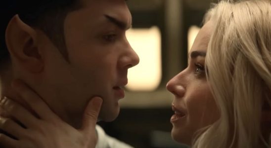 Spock and Chapel about to kiss in Star Trek: Strange New Worlds