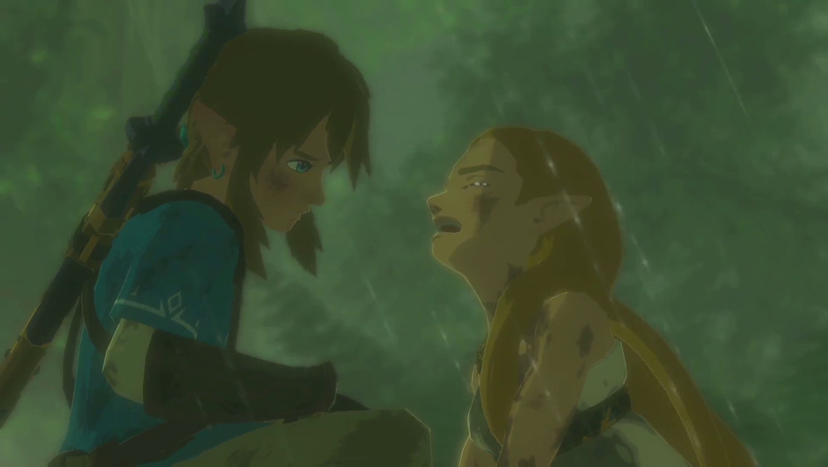Zelda pleure sous la pluie sous le regard de Link dans The Legend of Zelda: Breath of the Wild.