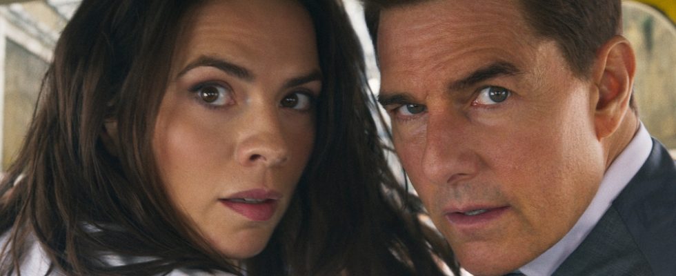 Hayley Atwell and Tom Cruise in Mission: Impossible Dead Reckoning Part One from Paramount Pictures and Skydance.