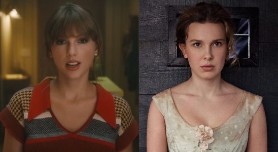 From left to right: Taylor Swift in the Anti-Hero music video and Millie Bobby Brown in Enola Holmes 2