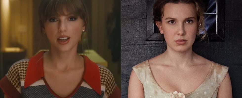 From left to right: Taylor Swift in the Anti-Hero music video and Millie Bobby Brown in Enola Holmes 2