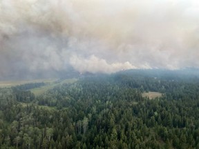 Le BC Wildfire Service continue de répondre au feu de forêt du lac Ross Moore situé à environ 13 kilomètres au sud de Kamloops, en Colombie-Britannique, comme le montre cette image du document fourni par le BC Wildfire Service.