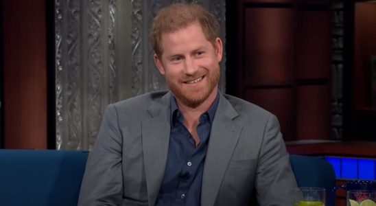 Prince Harry smiling on the Stephen Colbert