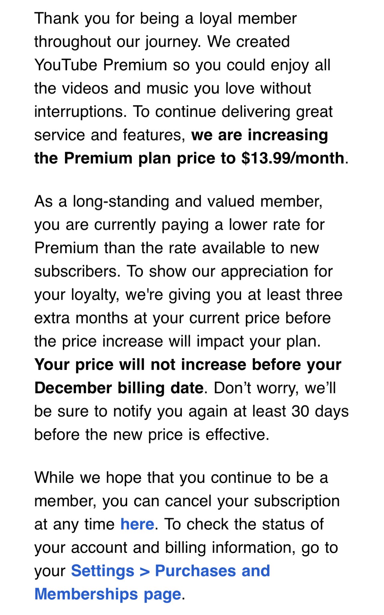 Un e-mail de YouTube Premium explique que les prix vont jusqu'à 13,99 $ par mois, à compter de décembre 2023.
