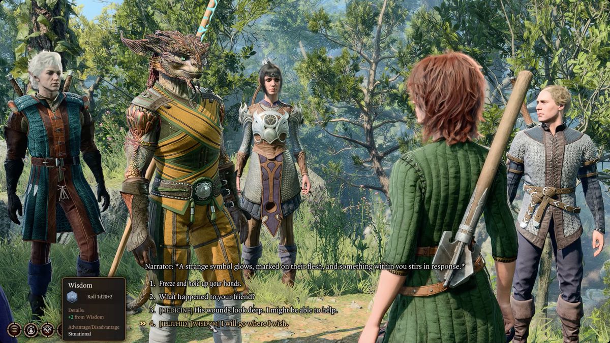 Les aventuriers de Baldur's Gate 3 dans une conversation avec des options de dialogue en bas de l'écran
