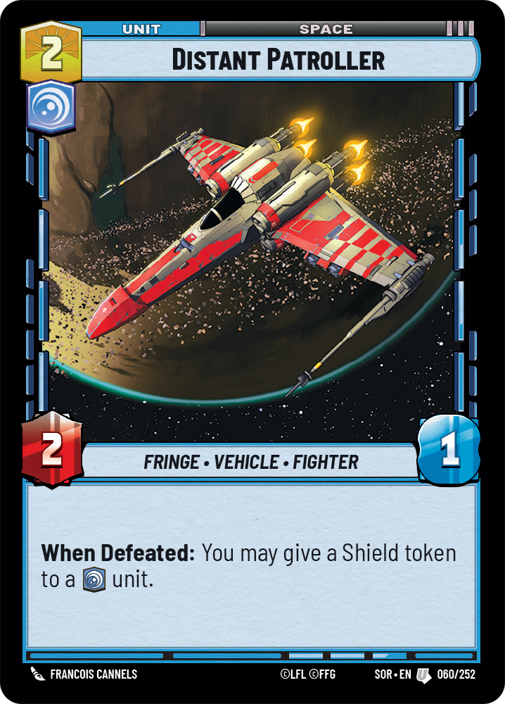 Une image d'une carte du Star Wars: Unlimited TCG, montrant Distant Patroller, un véhicule marginal, un combattant, avec 2/1.  Il en coûte 2 ressources pour jouer à la table.