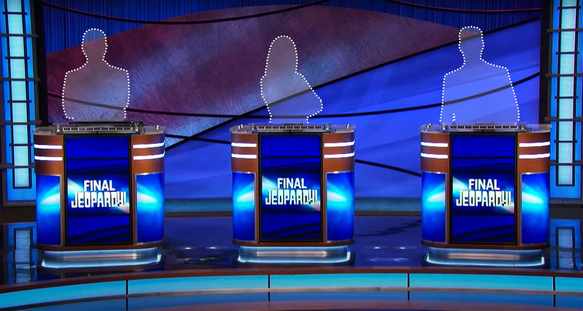 le contour de trois concurrents de Jeopardy debout derrière des podiums affichant Final Jeopardy