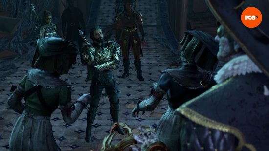 Revue de Baldur's Gate 3 : un chirurgien effrayant et ses assistants morts-vivants regardent quatre héros vêtus d'une armure.