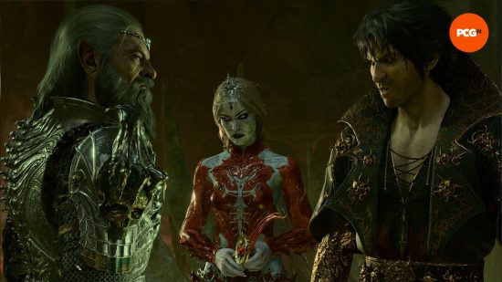 Revue de Baldur's Gate 3: un trio de personnes à l'air diabolique, un vieil homme en armure, une femme démon à la peau grise et un homme smarmy à l'air fantaisiste.
