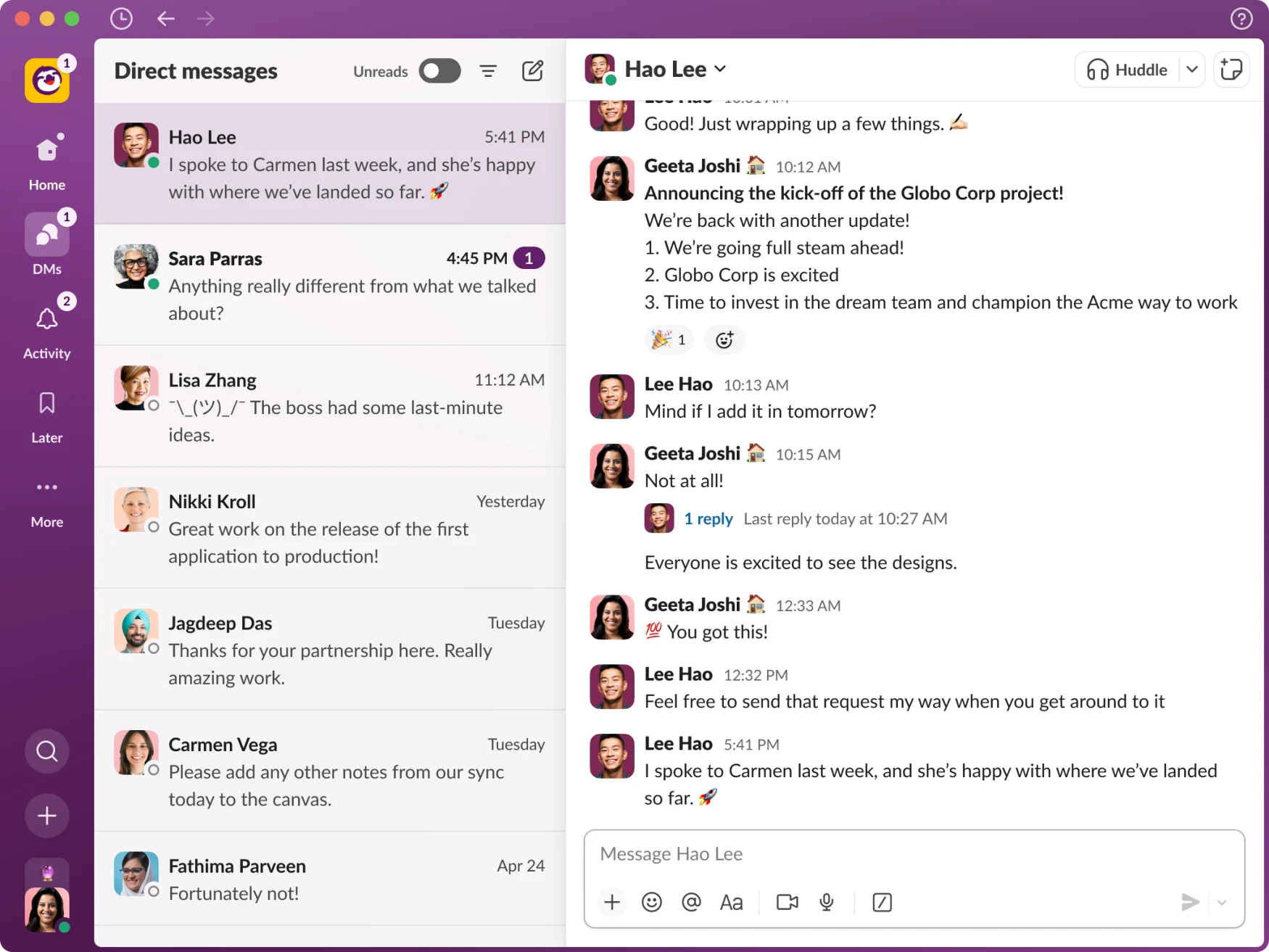 Capture d'écran Slack montrant la nouvelle conception et un flux de messages directs