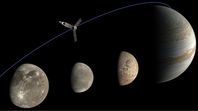 De gauche à droite, Ganymède, Europe et Io, les trois lunes joviennes que la mission Juno de la NASA a survolées.  Cette mosaïque a été créée à partir des données de l'imageur JunoCam de Juno.