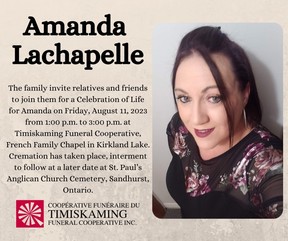 Les résidents de Kirkland Lake, Amanda Lachapelle, 37 ans (vu ici), et Gabriel Marecki, 49 ans, ont été retrouvés morts dans une résidence de la rue Woods le 30 juillet 2023.