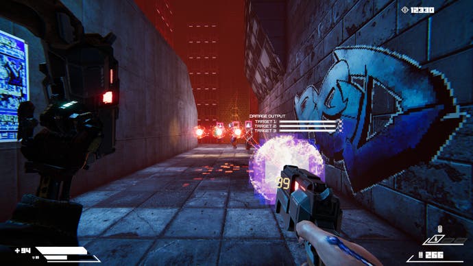 Une capture d'écran de Turbo Overkill, montrant le joueur se verrouillant sur des ennemis avec ses pistolets laser jumeaux.