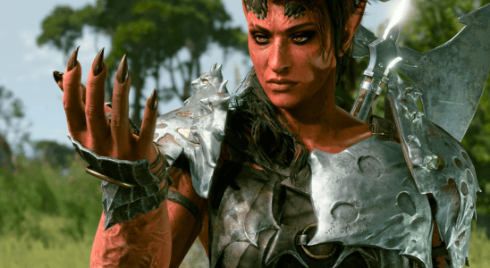 A modded Karlach, a huge tiefling barbarian, examines her infernal claws.
