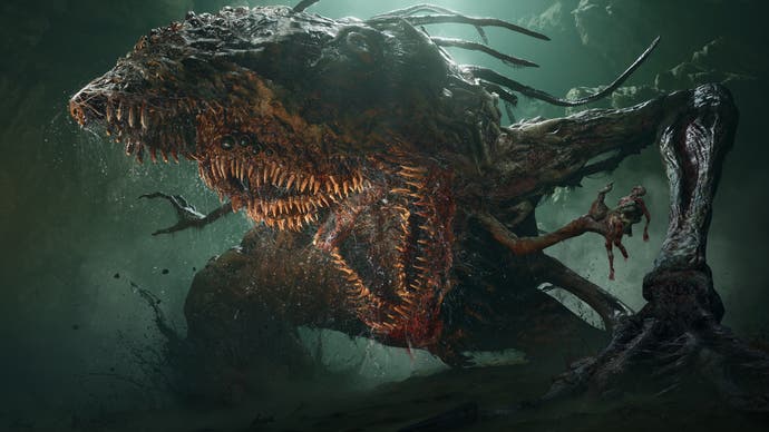 Capture d'écran promotionnelle de Lords of the Fallen montrant un gros monstre de chair horrible avec des centaines de petites dents dans une énorme bouche