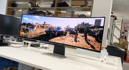 Samsung Odyssey OLED G9 displaying a Cyberpunk 2077 desert scene