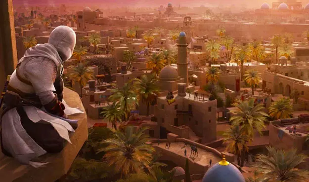Image promotionnelle d'Assassin's Creed Mirage mettant en vedette, comme d'habitude, un personnage en robe assis sur un rebord de fenêtre surplombant une ville historique comme s'il s'agissait d'une sorte de gros problème. 