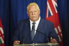 Le premier ministre de l'Ontario, Doug Ford, s'adresse aux médias lors d'une conférence de presse à la suite de la publication du rapport spécial du vérificateur général sur les modifications apportées à la Ceinture de verdure, à Queens Park, à Toronto, le mercredi 9 août 2023.