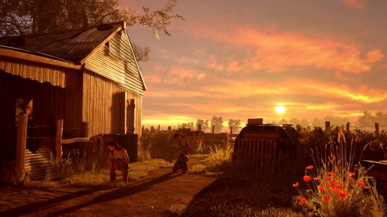 Une vue époustouflante du jeu Texas Chain Saw Massacre, montrant deux victimes accroupies dans l'herbe alors que le soleil se couche sur la maison familiale, une teinte familière de jaune-orange inondant la scène, imitant le film original.
