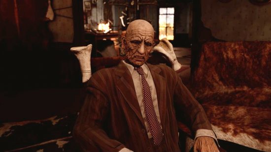 Examen du jeu Texas Chain Saw Massacre: Grand-père, le meilleur tueur de tous, est assis sur sa chaise, le visage ridé et peiné.