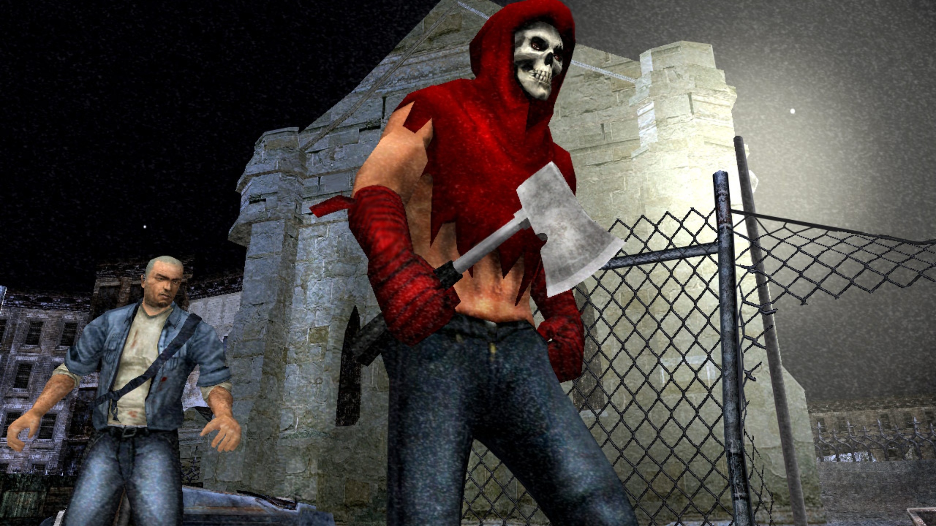 GTA 6 Manhunt 3 : Un homme en vêtements rouges portant une hache est traqué par James Earl Cash du jeu d'horreur Rockstar Manhunt
