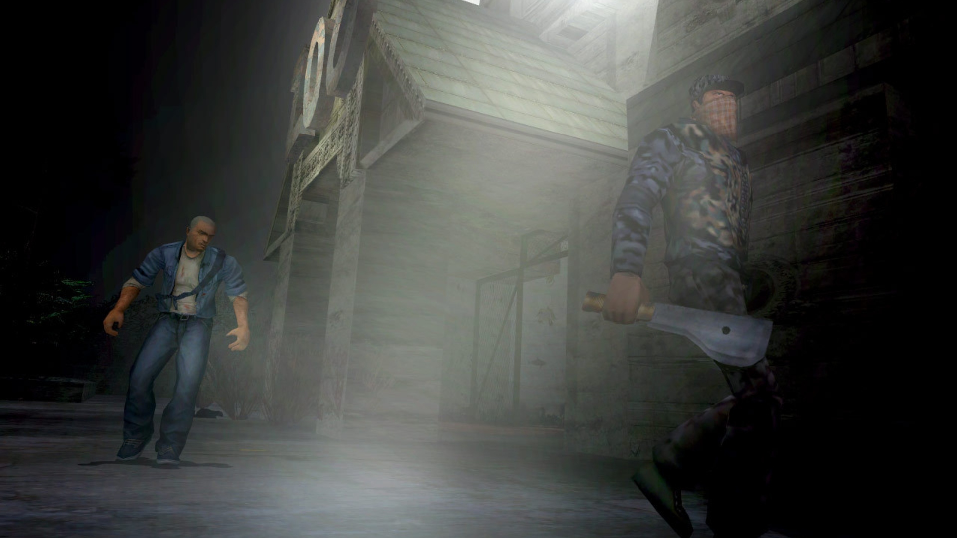 GTA 6 Manhunt 3 : Un homme tenant une machette est traqué par James Earl Cash dans le jeu d'horreur Rockstar Manhunt
