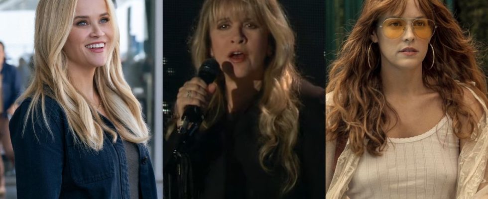 From left to right: A press image of Reese Witherspoon in The Morning Show, A screenshot of Stevie Nicks singing and a press image of Riley Keough in Daisy Jones and The Six.