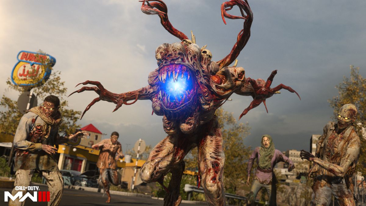 Un zombie Mimic est flanqué d'un quatuor de zombies humanoïdes à l'extérieur de Burger Town dans une capture d'écran du mode Zombies de Call of Duty: Modern Warfare 3