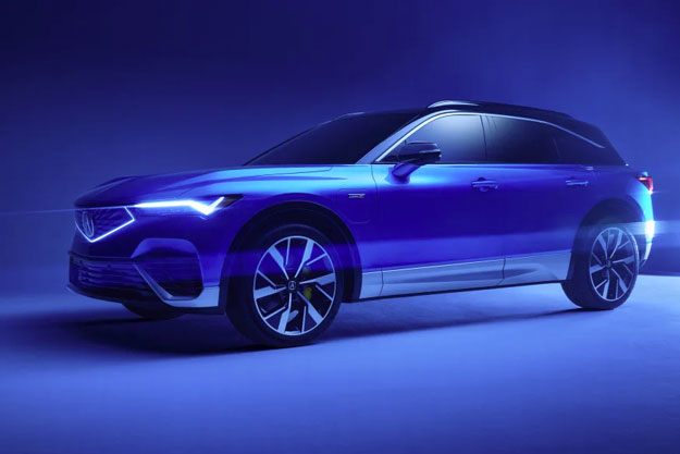 Image promotionnelle d'une Acura ZDX EV bleue dans un environnement bleu éclairé avec une lumière exclusivement bleue.