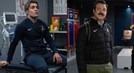 A side by side of two images from Apple TV+ press site, from left to right: Jamie sitting on a table in the medical room and Ted standing looking slightly up in the locker room.
