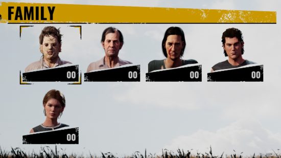 Texas Chain Saw Massacre multijoueur et équilibre : L'écran de sélection des personnages de la famille Slaughter, montrant Leatherface, Cook, Hitchhiker, Johnny et Sissy.