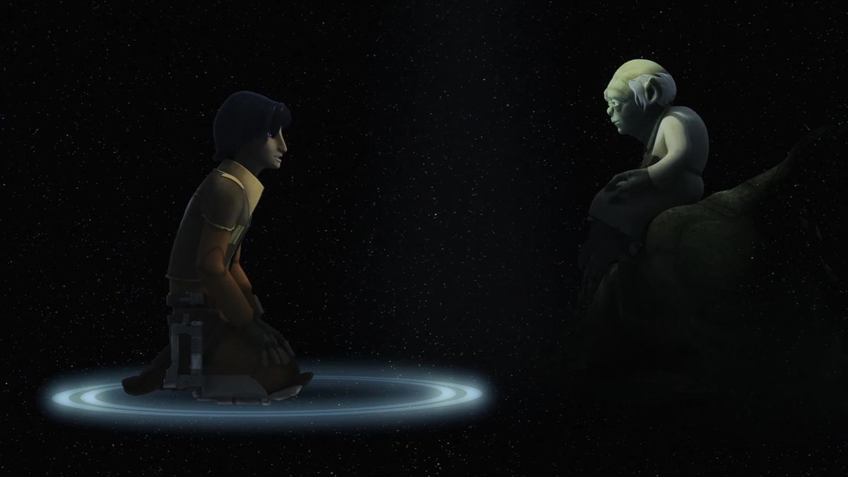 Dans un vide d'étoiles, un jeune Ezra aux cheveux tombants s'agenouille dans un cercle de lumière devant Yoda, assis sur une branche d'arbre fantomatique, dans Star Wars : Rebels. 