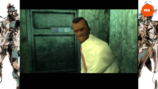 Metal Gear Solid : le chef de la DARPA dans sa cellule de prison portant une chemise crème et une cravate saumon.