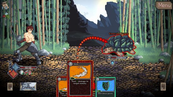 Novus Orbis - Le joueur utilise une carte pour attaquer une grosse tortue ennemie.