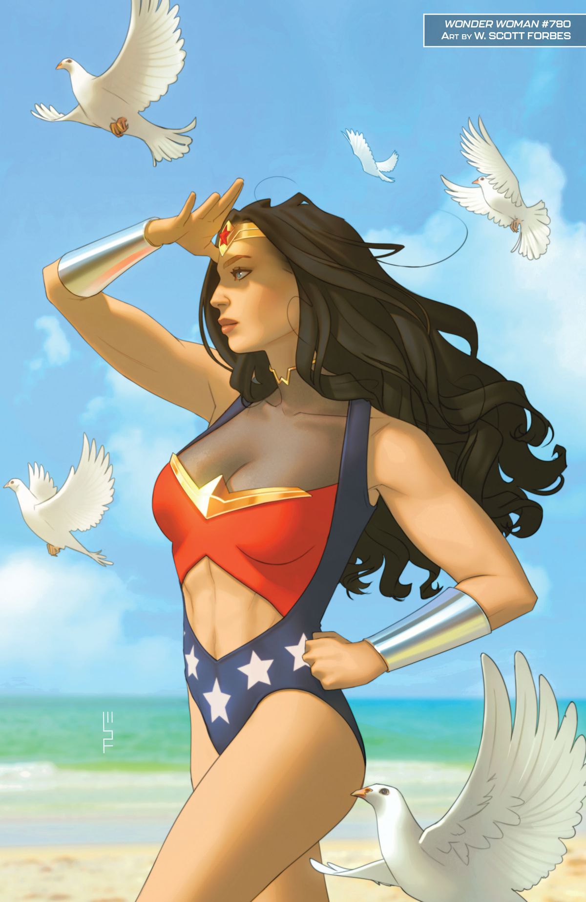 Wonder Woman protège ses yeux du soleil et porte un maillot de bain sur la plage tandis que des colombes voltigent autour d'elle. 