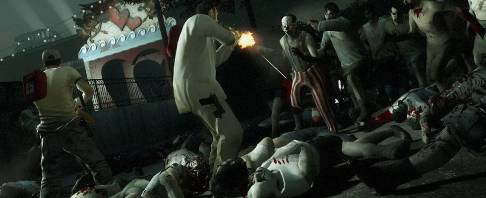 Left 4 Dead 2: Nick and Ellis fighting off a horde of zombies at a carnival.