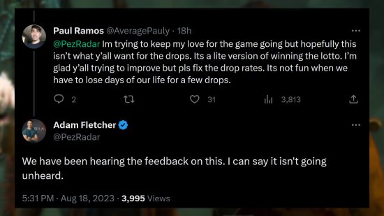 Taux de chute uniques de Diablo 4 – Adam Fletcher de Blizzard répond à un commentaire sur les taux de chute des objets les plus rares du jeu, en disant : "Nous avons entendu les commentaires à ce sujet.  Je peux dire que cela ne passe pas inaperçu."