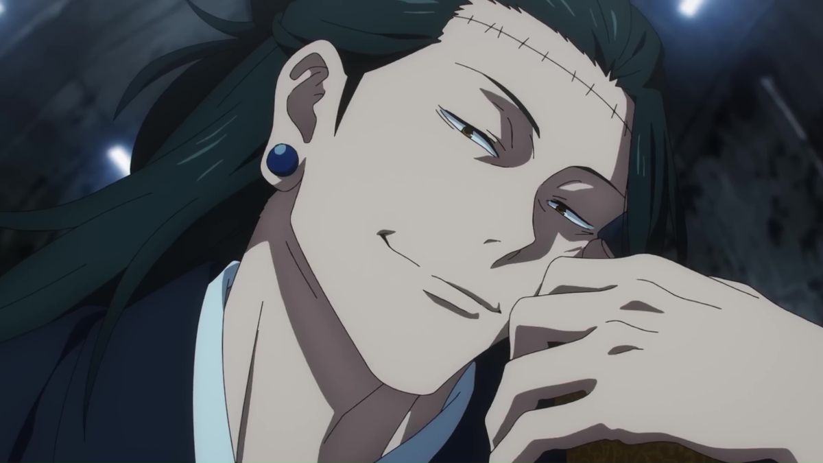 Une image montrant Kenjaku dans la bande-annonce de la saison 2 de Jujutsu Kaisen. Il est appuyé sur sa main et a un léger sourire narquois sur le visage.