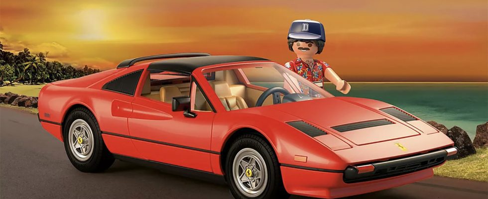 Trucs sympas : Magnum PI et sa moustache se dirigent vers Playmobil dans la Ferrari rouge emblématique
