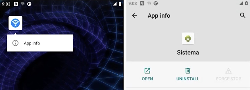 Ce "Wifi" l'icône de l'application, lorsque vous appuyez dessus, s'affichera en fait sous la forme d'une application appelée "Système," conçu pour ressembler à une application système Android, mais il s’agit en fait d’un logiciel espion WebDetetive.