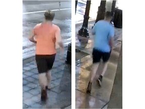 La police d'Owen Sound a publié des photos de deux suspects recherchés lors d'une attaque contre un propriétaire de restaurant le 17 août qui l'a laissé sous assistance respiratoire.  (Police d'Owen Sound)