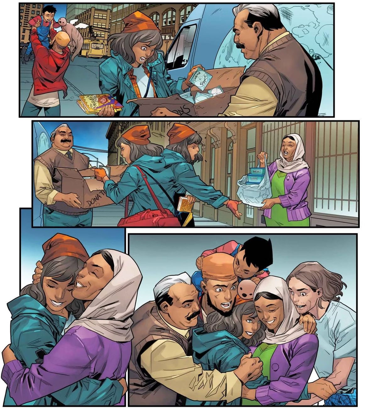 Une page illettrée de Ms. Marvel : The New Mutant #1, présente des panneaux de la famille de Kamala (et de Bruno) lui remettant joyeusement des boîtes et des sacs de nourriture donnée et faisant un grand câlin de groupe. 
